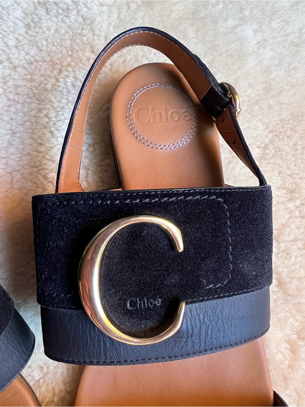 CHLOE C Slingback Sandals Sz 39 US 9 Suede Leather Black Chic Luxury Summer - Picture 11 of 16